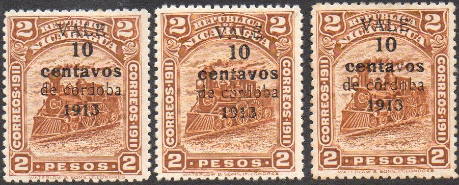 Nicaragua stamps 1913 surcharges Locomotive 10c / 2 Pesos normal and 'v' varieties 